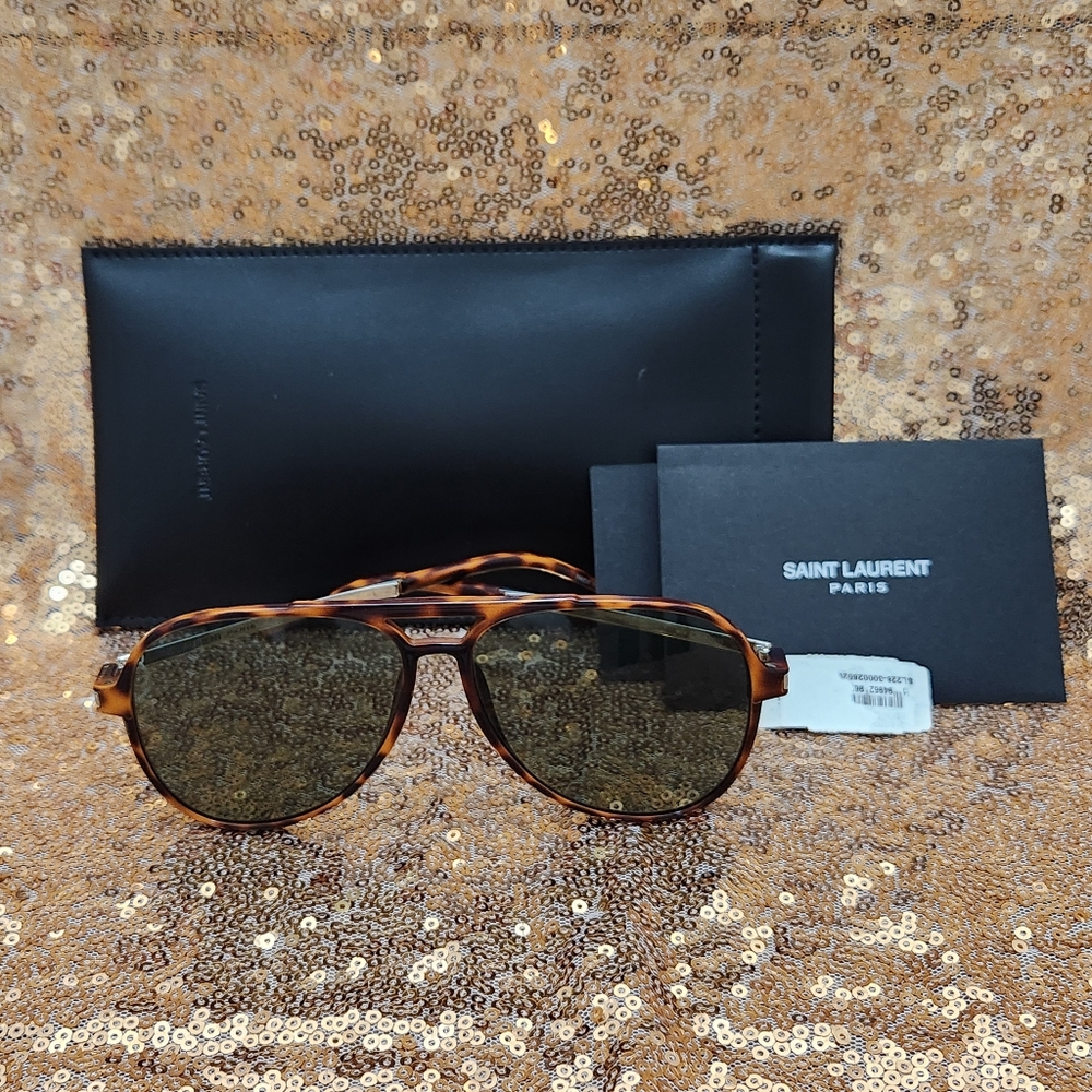 Yves Saint Laurent Tortoiseshell Aviator Sunglasses and Leather Case